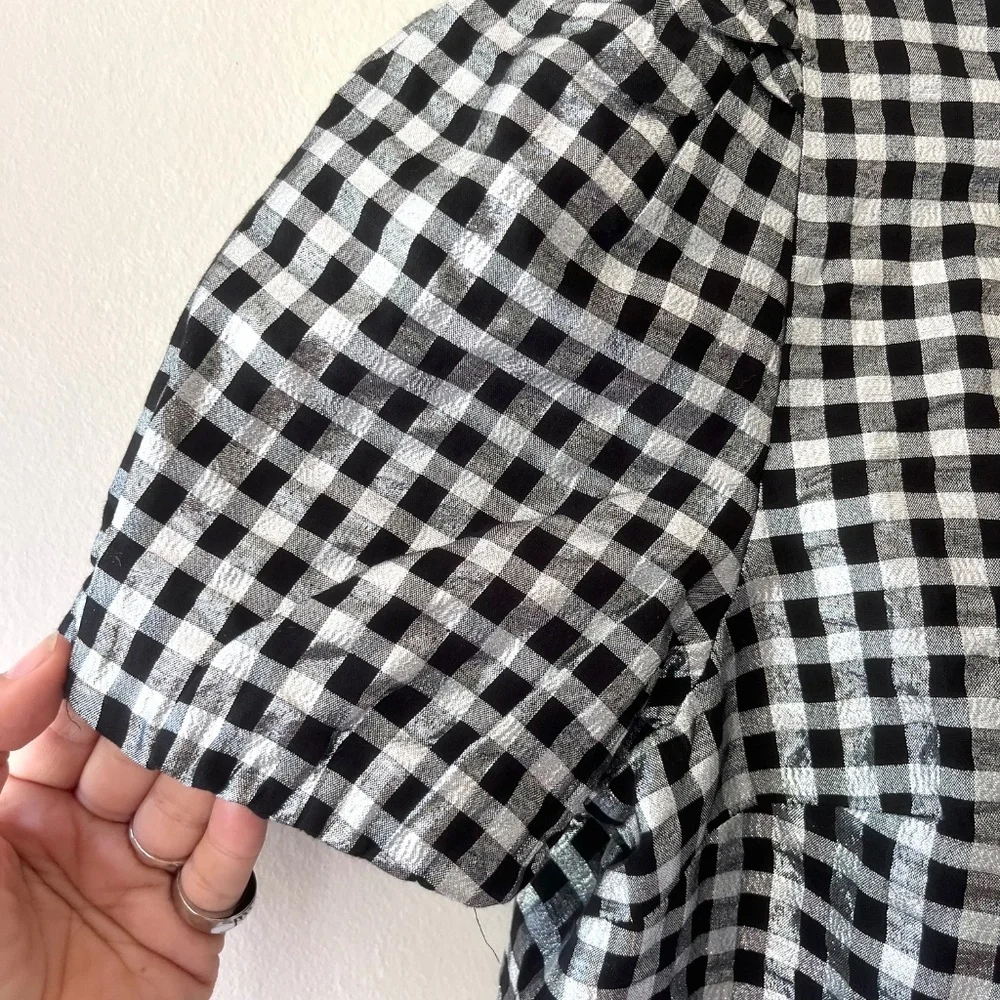 J. Crew Sz M Gingham Metallic Puff Sleeve Blouse Top Lined Round Neck Pullover‎